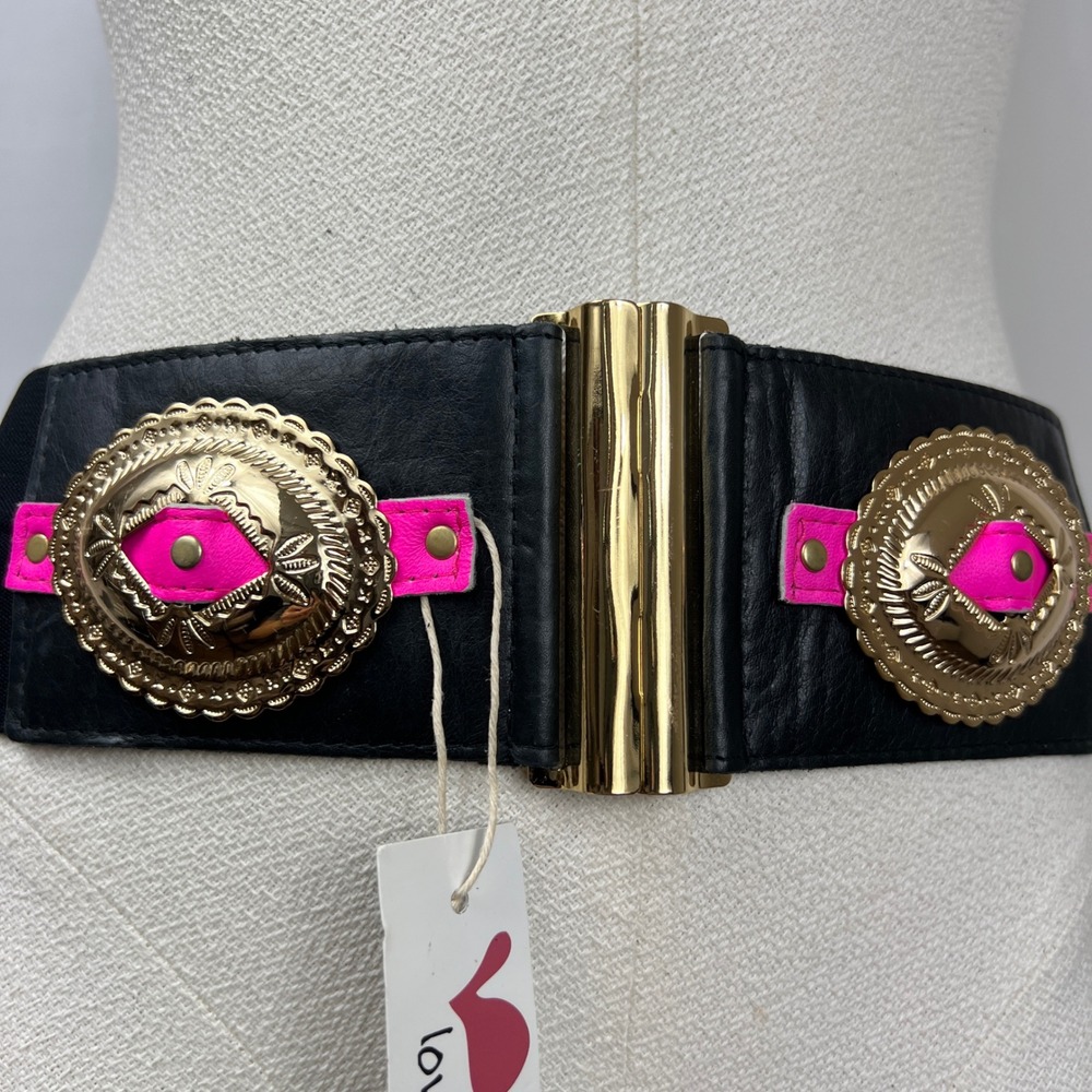 Lovestrength‎ Minx Belt Black Neon Pink Gold Concho Elastic Waist S112 NWT